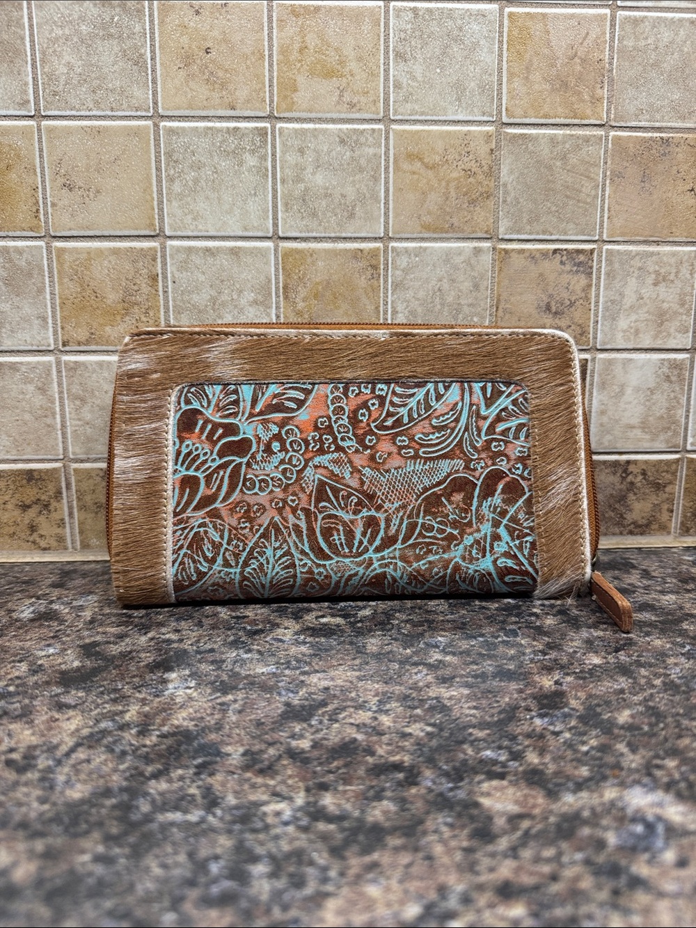 Tooled Leather & Haircalf Zip Wallet in Brown and Turquoise